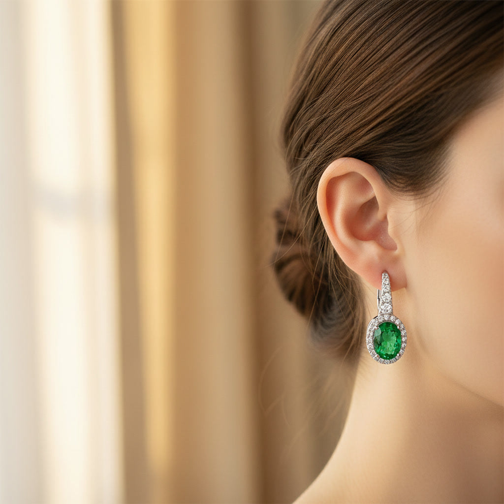Emerald Earrings – Oval Cut Green Lab-Grown Emerald – 925 Sterling Silver – Vintage Halo Drop Earrings for Women | Macklo London