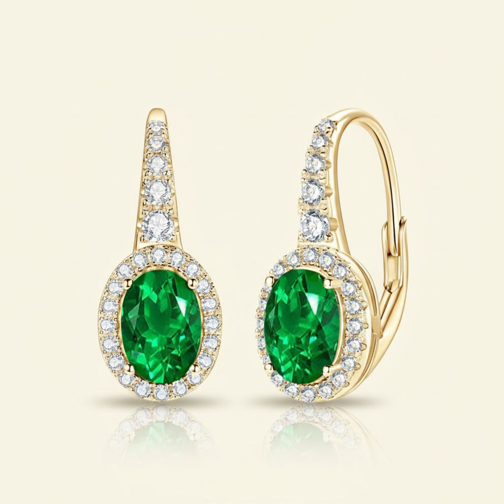 Emerald Earrings – Oval Cut Green Lab-Grown Emerald – 925 Sterling Silver – Vintage Halo Drop Earrings for Women | Macklo London