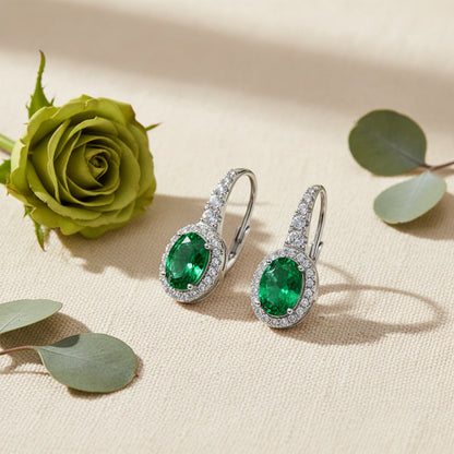 Emerald Earrings – Oval Cut Green Lab-Grown Emerald – 925 Sterling Silver – Vintage Halo Drop Earrings for Women | Macklo London