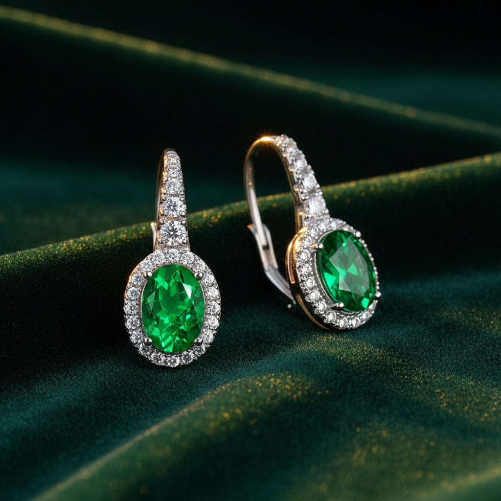 Emerald Earrings – Oval Cut Green Lab-Grown Emerald – 925 Sterling Silver – Vintage Halo Drop Earrings for Women | Macklo London