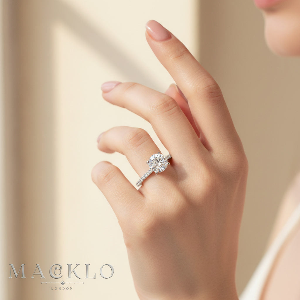 Moissanite Hidden Halo Ring 2ct 8mm D Color VVS1 – 925 Sterling Silver – The Kensington Crown | Macklo London