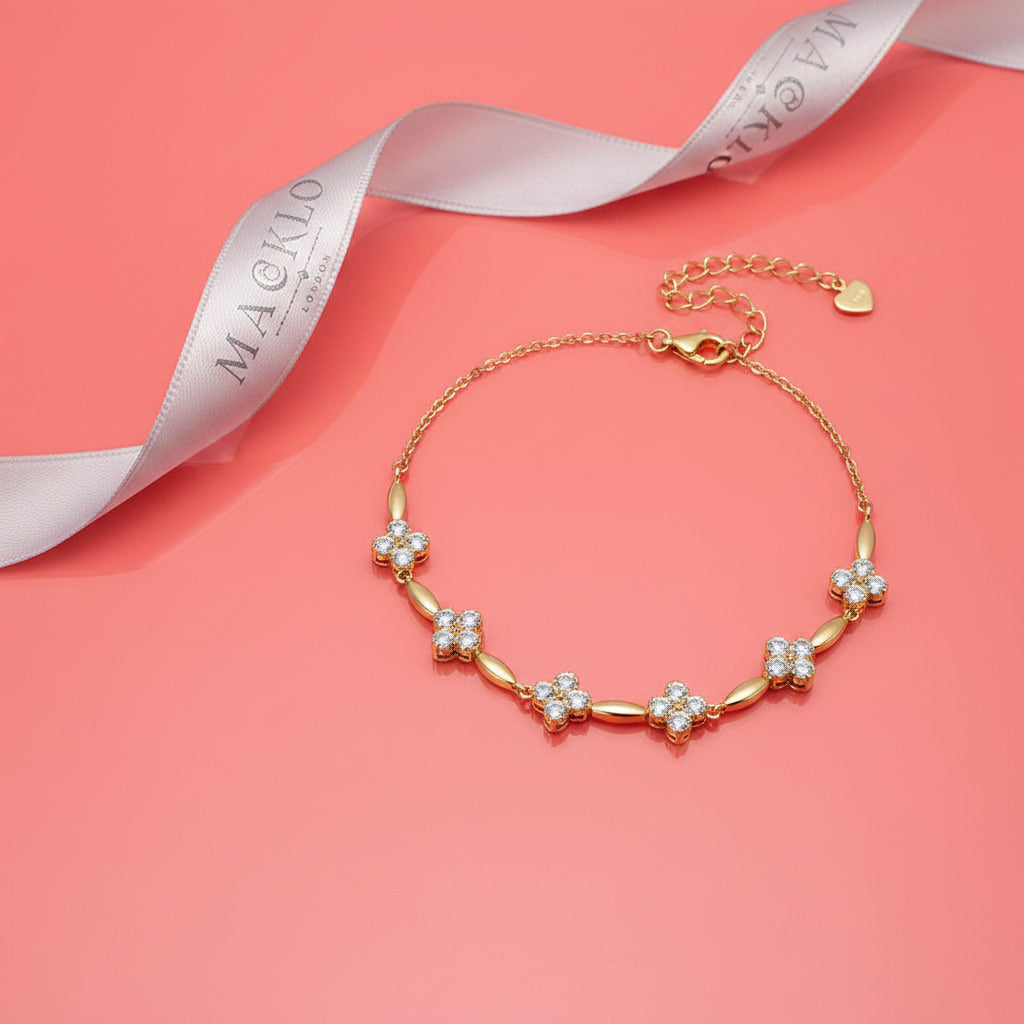 Moissanite Flower Charm Bracelet – 0.5ct 14K Gold Plated, 925 Sterling Silver – The Mayfair Flower | Macklo London
