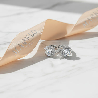 Moissanite Halo Hoop Earrings 2.18ct D Color VVS1 – 925 Sterling Silver – The Kensington Halo Hoops | Macklo London