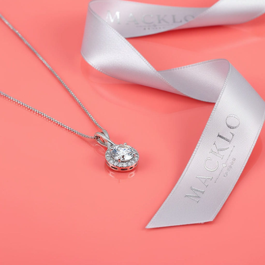 Moissanite Halo Pendant Necklace – 1ct to 3ct D Color VVS1, 925 Sterling Silver – The Kensington Halo | Macklo London