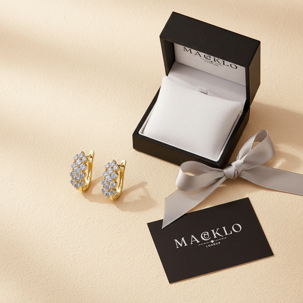 Moissanite Cluster Huggie Earrings – 1.7ct 3-Row D Color VVS1, 925 Sterling Silver – The Mayfair Cluster | Macklo London