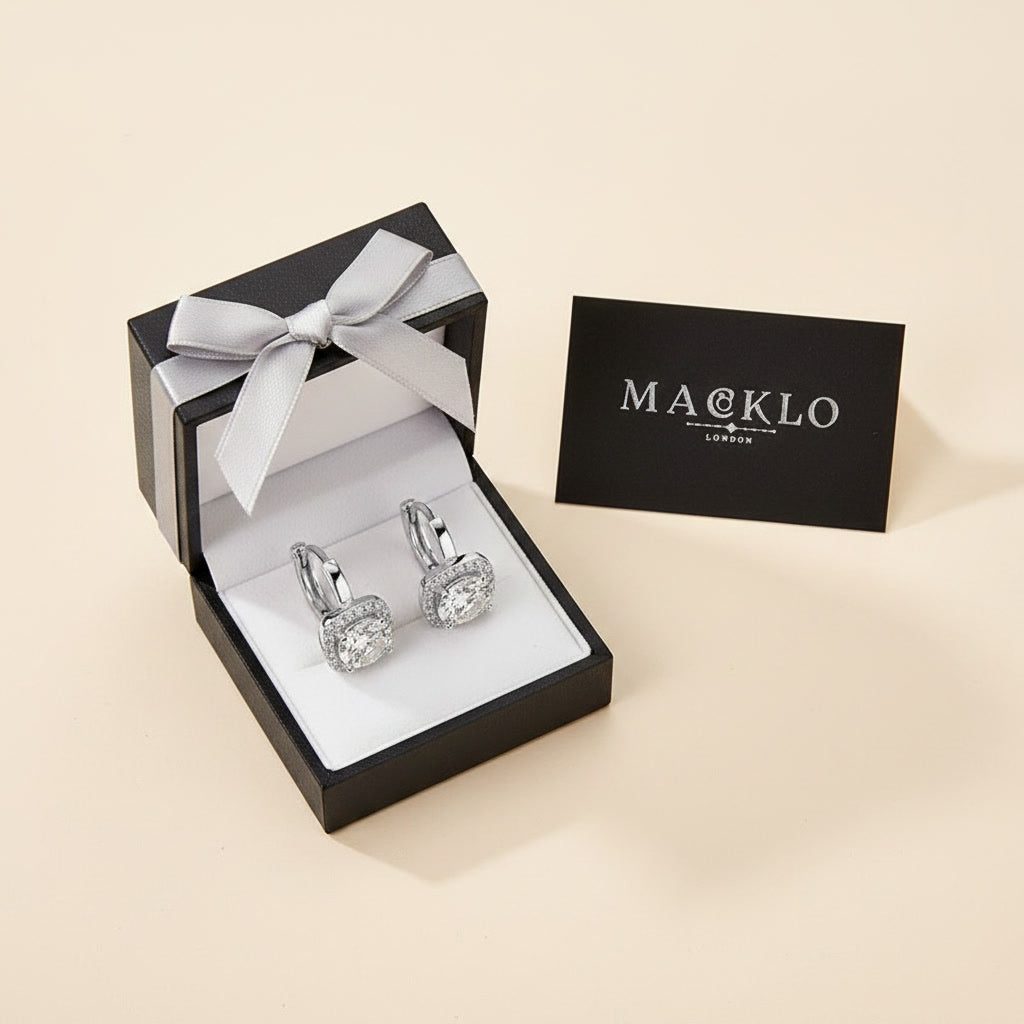 Moissanite Halo Hoop Earrings 2.18ct D Color VVS1 – 925 Sterling Silver – The Kensington Halo Hoops | Macklo London