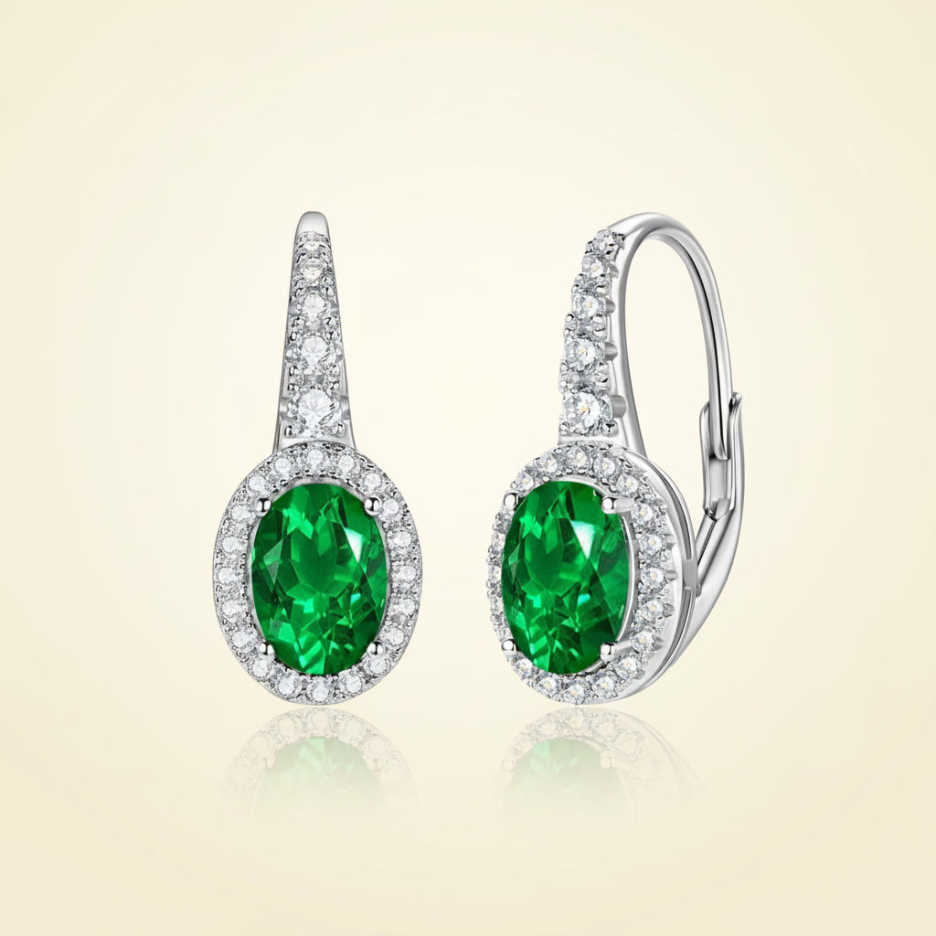 Emerald Earrings – Oval Cut Green Lab-Grown Emerald – 925 Sterling Silver – Vintage Halo Drop Earrings for Women | Macklo London