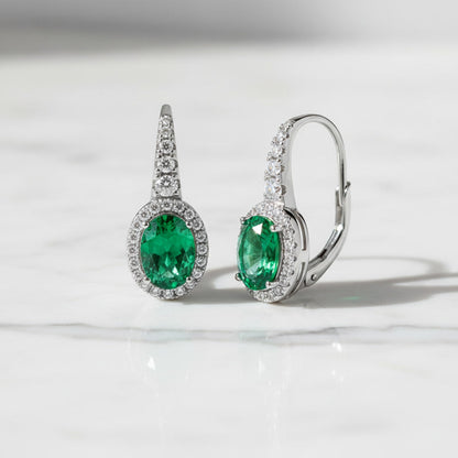 Emerald Earrings – Oval Cut Green Lab-Grown Emerald – 925 Sterling Silver – Vintage Halo Drop Earrings for Women | Macklo London