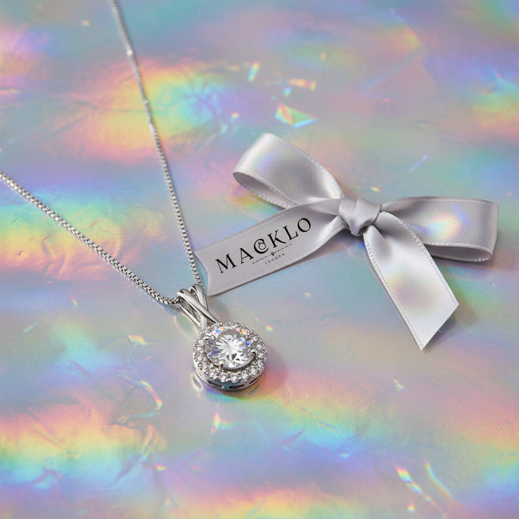 Moissanite Halo Pendant Necklace – 1ct to 3ct D Color VVS1, 925 Sterling Silver – The Kensington Halo | Macklo London
