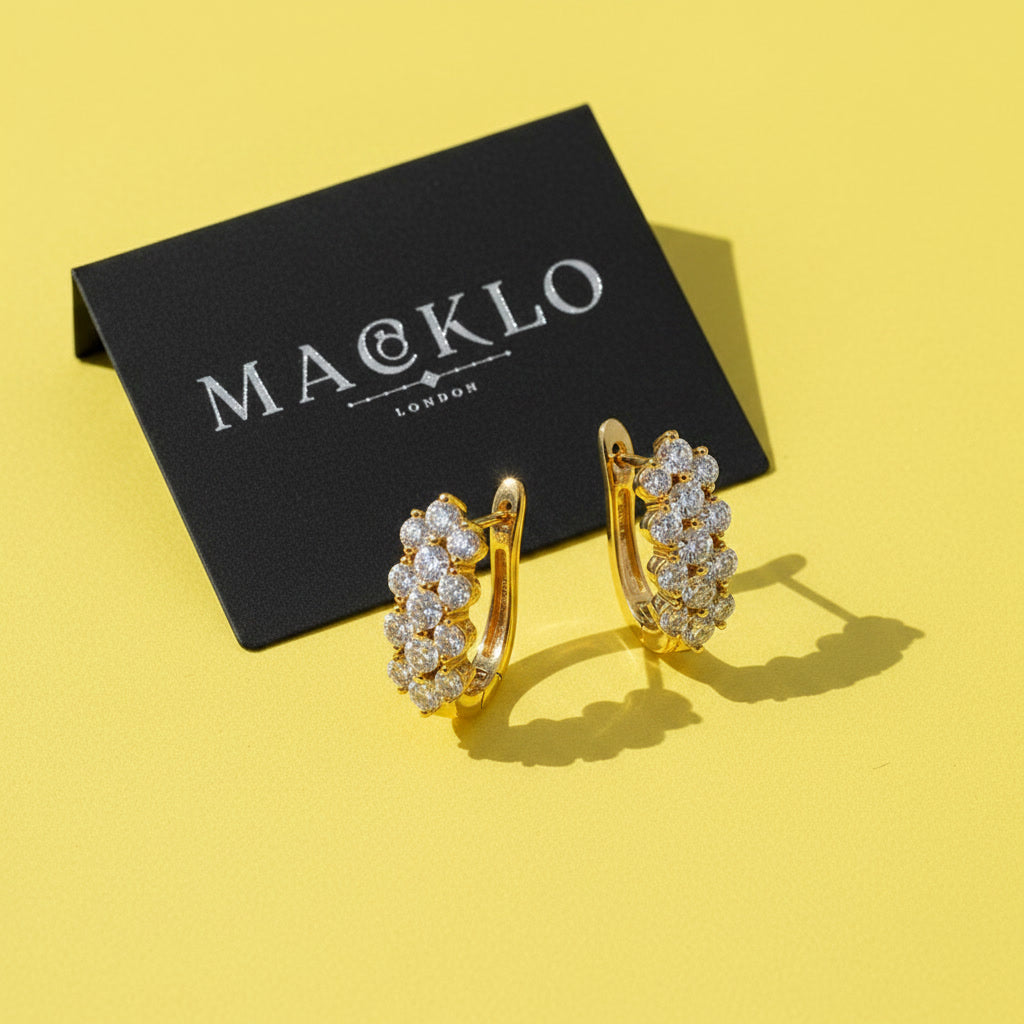 Moissanite Cluster Huggie Earrings – 1.7ct 3-Row D Color VVS1, 925 Sterling Silver – The Mayfair Cluster | Macklo London
