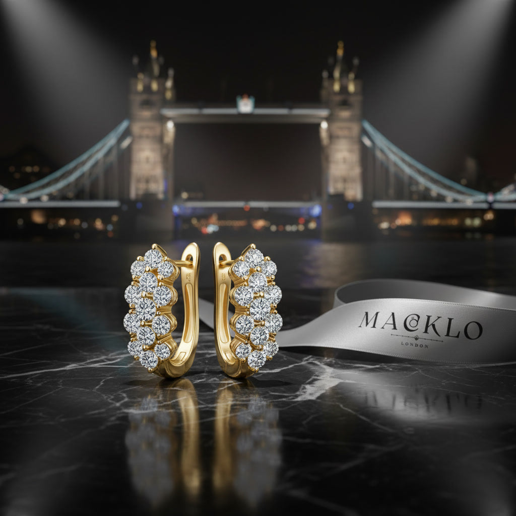 Moissanite Cluster Huggie Earrings – 1.7ct 3-Row D Color VVS1, 925 Sterling Silver – The Mayfair Cluster | Macklo London