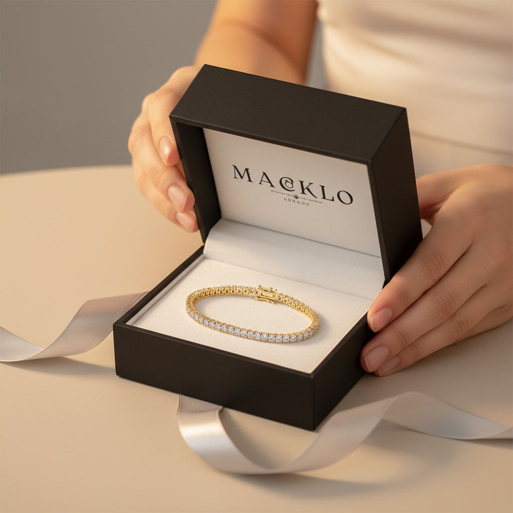 Moissanite Tennis Chain Bracelet 5.6ct 3mm – 14K Gold Plated 925 Silver – The Mayfair Tennis Chain | Macklo London
