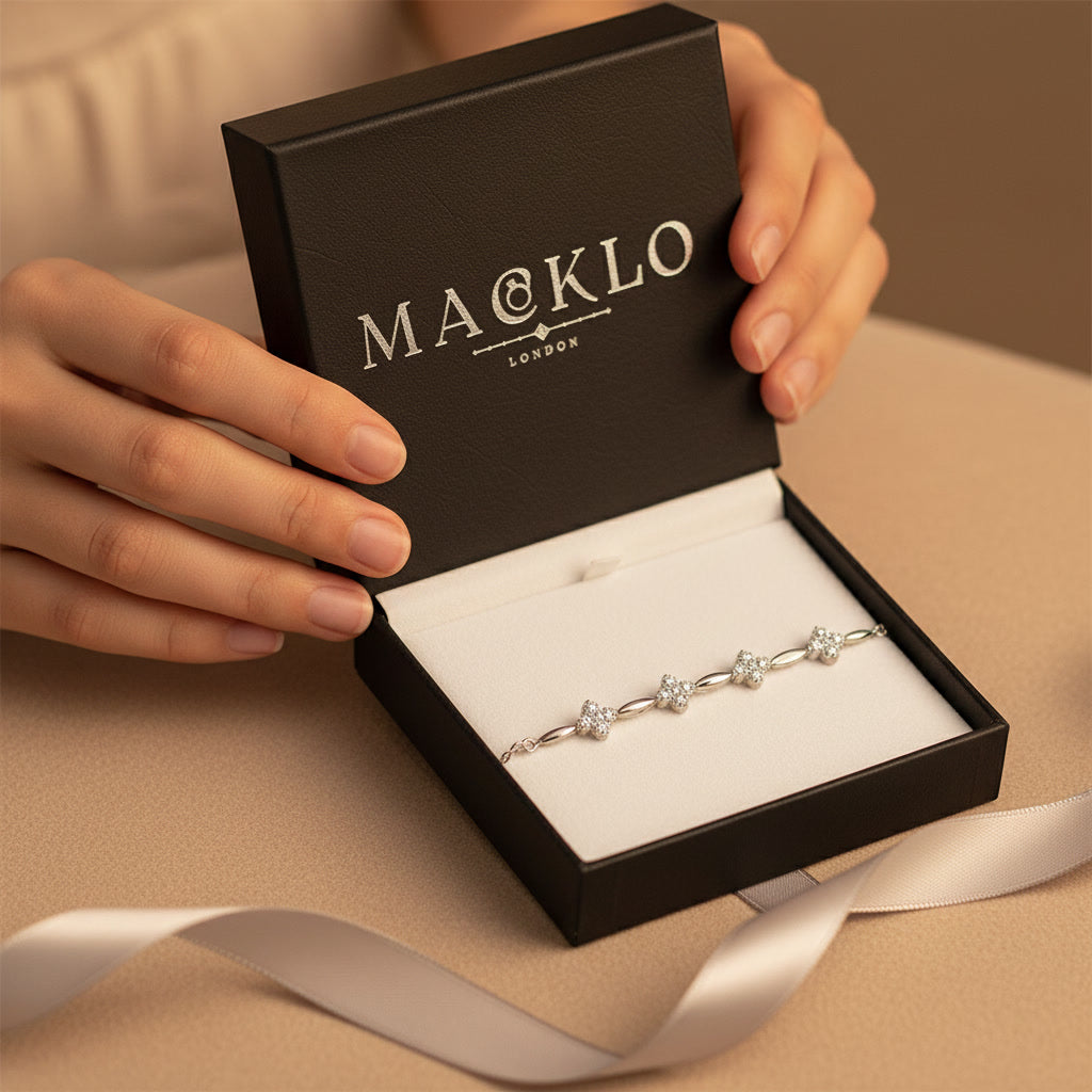Moissanite Flower Charm Bracelet – 0.5ct 14K Gold Plated, 925 Sterling Silver – The Mayfair Flower | Macklo London