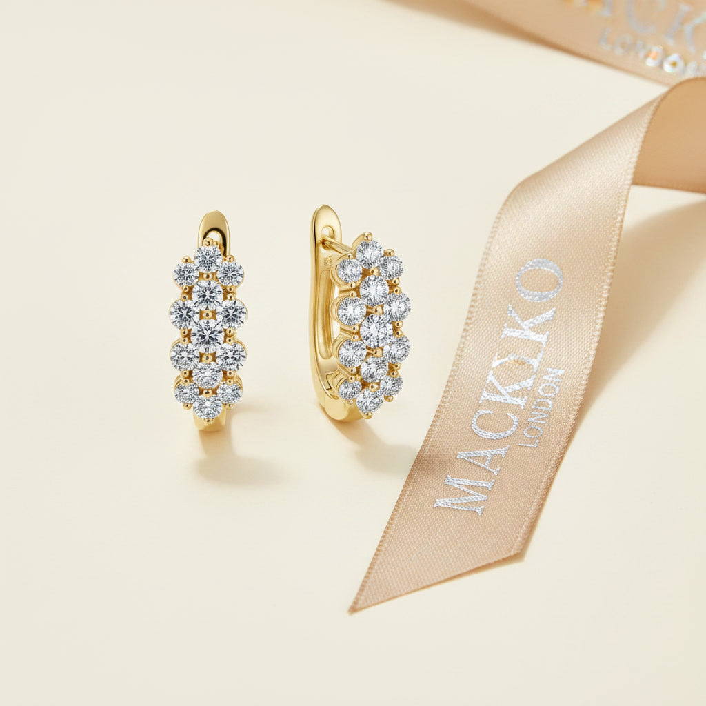 Moissanite Cluster Huggie Earrings – 1.7ct 3-Row D Color VVS1, 925 Sterling Silver – The Mayfair Cluster | Macklo London