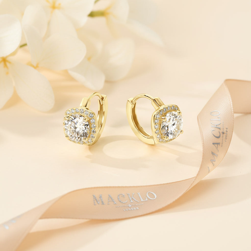 Moissanite Halo Hoop Earrings 2.18ct D Color VVS1 – 925 Sterling Silver – The Kensington Halo Hoops | Macklo London