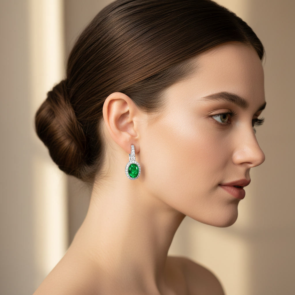 Emerald Earrings – Oval Cut Green Lab-Grown Emerald – 925 Sterling Silver – Vintage Halo Drop Earrings for Women | Macklo London