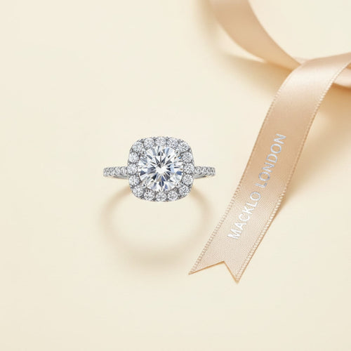 Moissanite Square Halo Ring 2ct 8mm D Color VVS1 – 925 Sterling Silver – The Belgravia Square | Macklo London