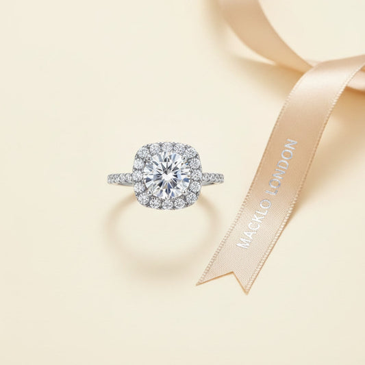 Moissanite Square Halo Ring 2ct 8mm D Color VVS1 – 925 Sterling Silver – The Belgravia Square | Macklo London