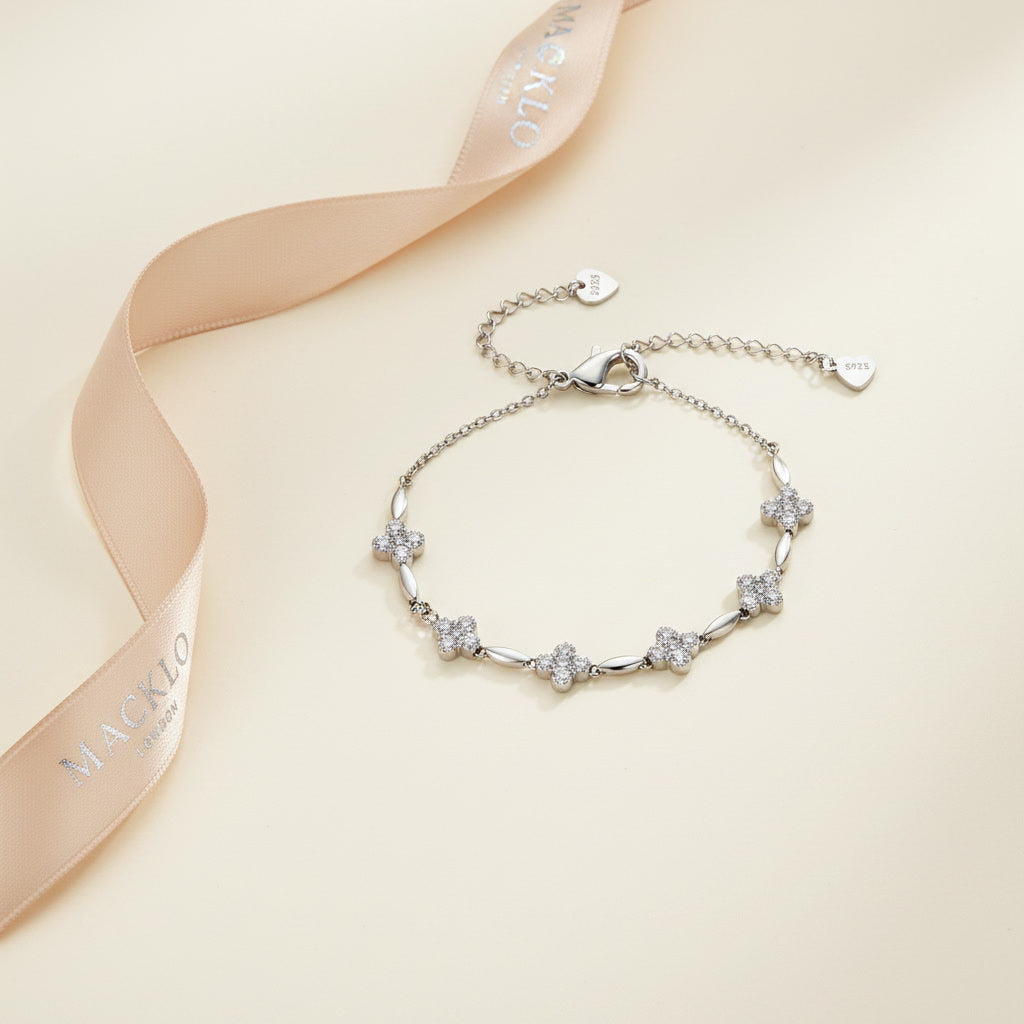 Moissanite Flower Charm Bracelet – 0.5ct 14K Gold Plated, 925 Sterling Silver – The Mayfair Flower | Macklo London