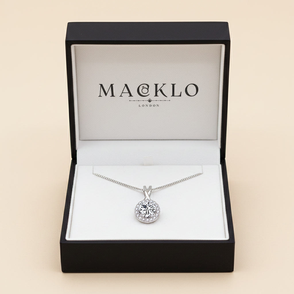 Moissanite Halo Pendant Necklace – 1ct to 3ct D Color VVS1, 925 Sterling Silver – The Kensington Halo | Macklo London
