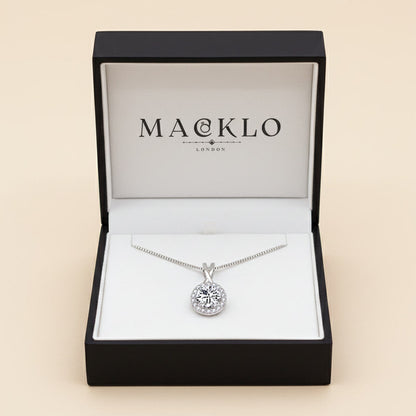 Moissanite Halo Pendant Necklace – 1ct to 3ct D Color VVS1, 925 Sterling Silver – The Kensington Halo | Macklo London