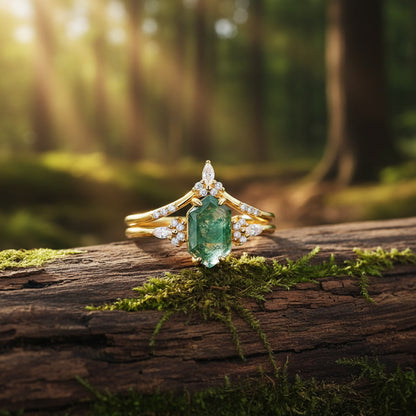 Moss Agate Engagement Ring Set – Natural Green Moss Agate Bridal Ring – 925 Sterling Silver – Gold Plated | Macklo London