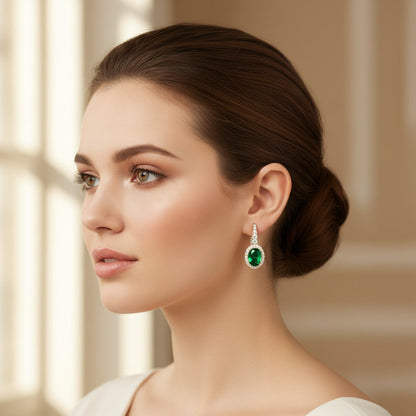 Emerald Earrings – Oval Cut Green Lab-Grown Emerald – 925 Sterling Silver – Vintage Halo Drop Earrings for Women | Macklo London