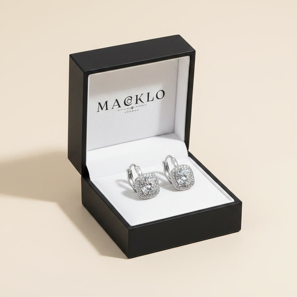 Moissanite Halo Hoop Earrings 2.18ct D Color VVS1 – 925 Sterling Silver – The Kensington Halo Hoops | Macklo London