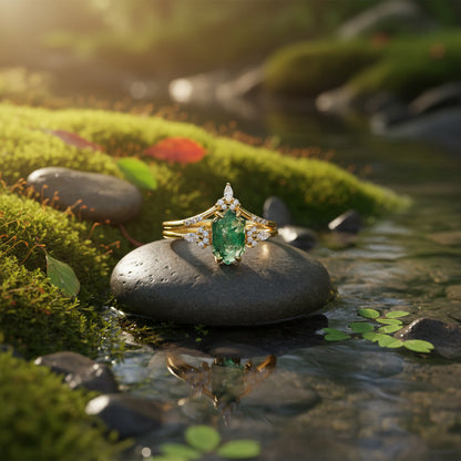 Moss Agate Engagement Ring Set – Natural Green Moss Agate Bridal Ring – 925 Sterling Silver – Gold Plated | Macklo London