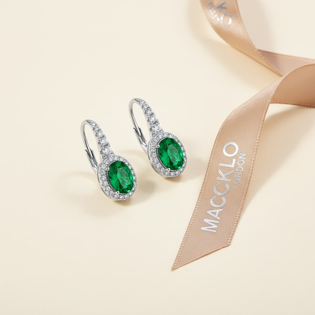 Emerald Earrings – Oval Cut Green Lab-Grown Emerald – 925 Sterling Silver – Vintage Halo Drop Earrings for Women | Macklo London