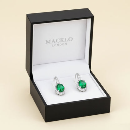Emerald Earrings – Oval Cut Green Lab-Grown Emerald – 925 Sterling Silver – Vintage Halo Drop Earrings for Women | Macklo London