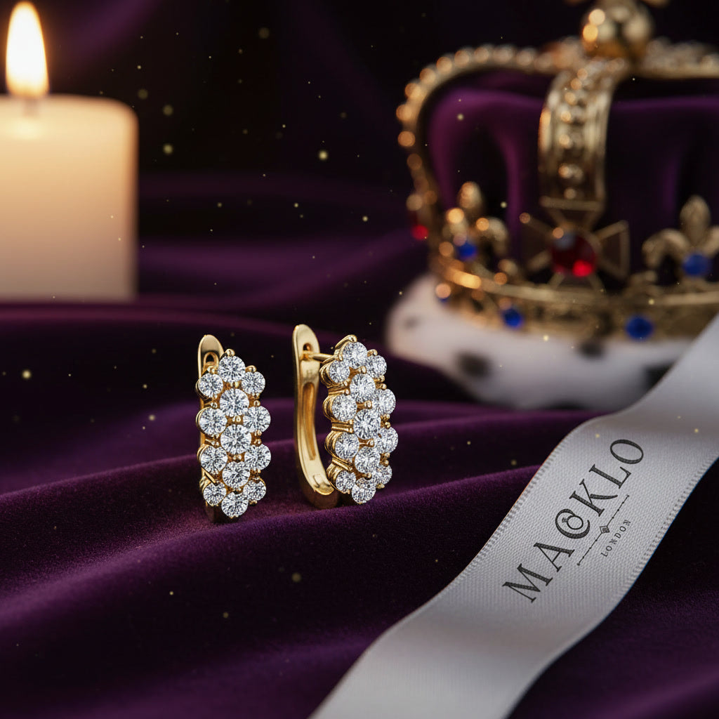 Moissanite Cluster Huggie Earrings – 1.7ct 3-Row D Color VVS1, 925 Sterling Silver – The Mayfair Cluster | Macklo London