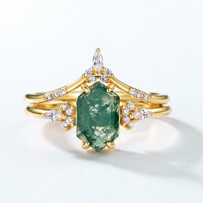Moss Agate Engagement Ring Set – Natural Green Moss Agate Bridal Ring – 925 Sterling Silver – Gold Plated | Macklo London