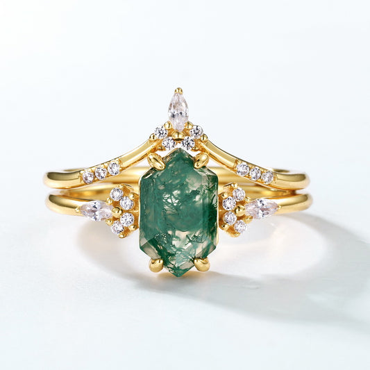 Moss Agate Engagement Ring Set – Natural Green Moss Agate Bridal Ring – 925 Sterling Silver – Gold Plated | Macklo London