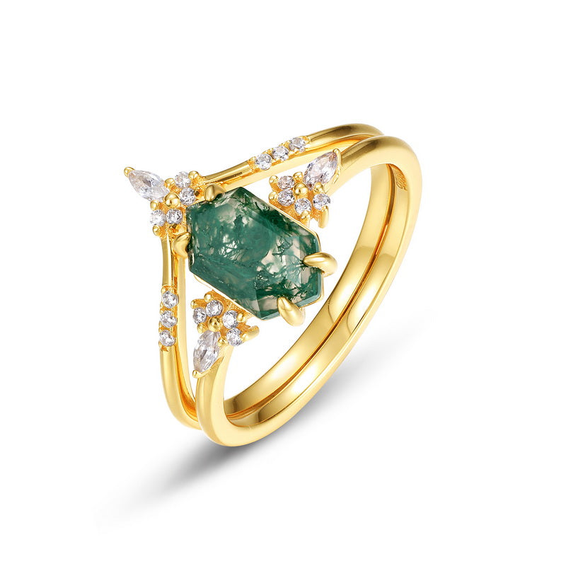 Moss Agate Engagement Ring Set – Natural Green Moss Agate Bridal Ring – 925 Sterling Silver – Gold Plated | Macklo London