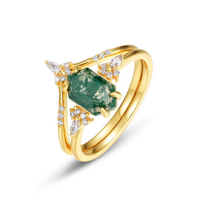 Moss Agate Engagement Ring Set – Natural Green Moss Agate Bridal Ring – 925 Sterling Silver – Gold Plated | Macklo London