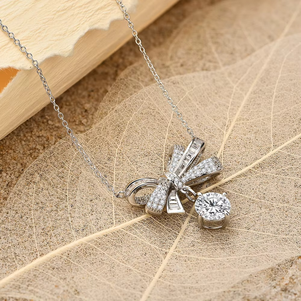 The Kensington Bow Necklace – 2ct Moissanite, 925 Sterling Silver, 18K White Gold Plated  Macklo London