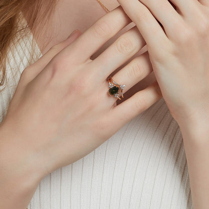 Moss Agate Engagement Ring Set – Natural Green Moss Agate Bridal Ring – 925 Sterling Silver – Gold Plated | Macklo London