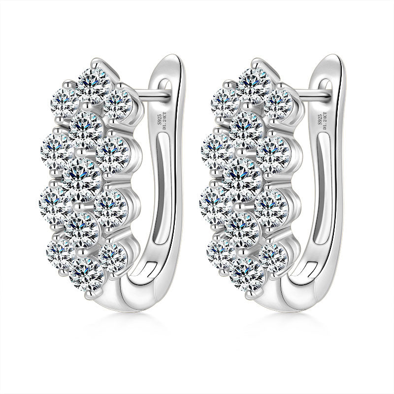 Moissanite Earrings 1.7ct Cluster Huggie – 3-Row D Color VVS1 – 925 Sterling Silver