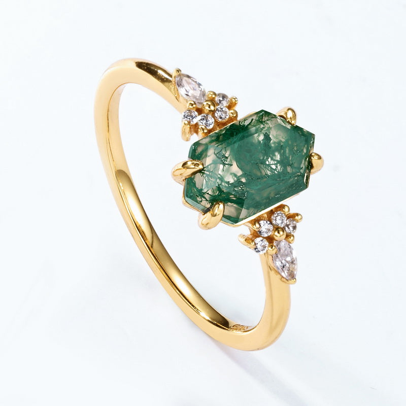 Moss Agate Engagement Ring Set – Natural Green Moss Agate Bridal Ring – 925 Sterling Silver – Gold Plated | Macklo London