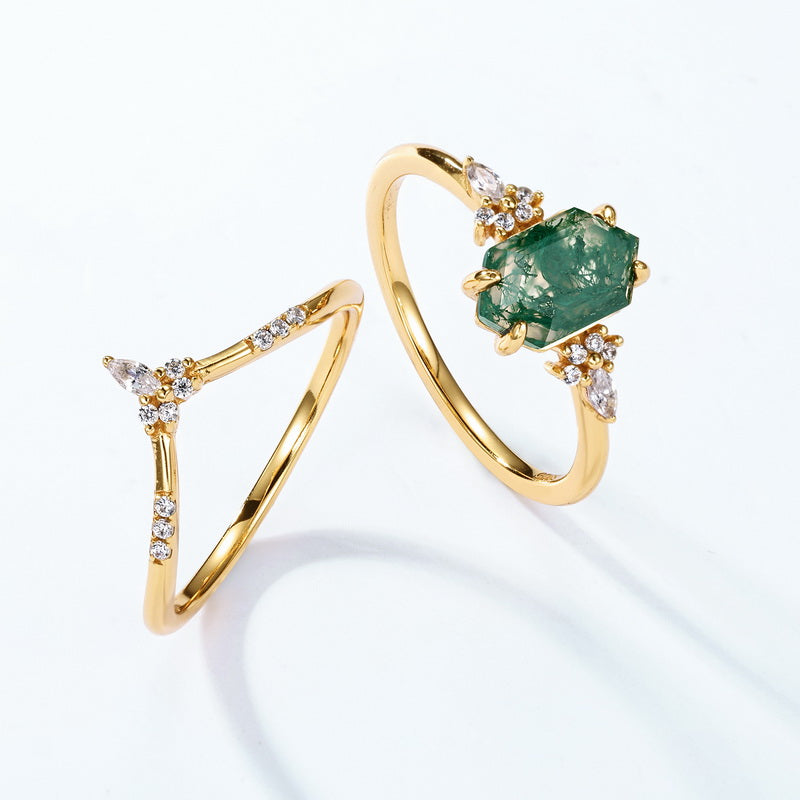 Moss Agate Engagement Ring Set – Natural Green Moss Agate Bridal Ring – 925 Sterling Silver – Gold Plated | Macklo London