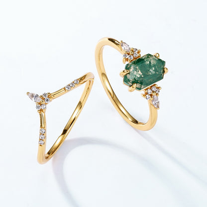 Moss Agate Engagement Ring Set – Natural Green Moss Agate Bridal Ring – 925 Sterling Silver – Gold Plated | Macklo London