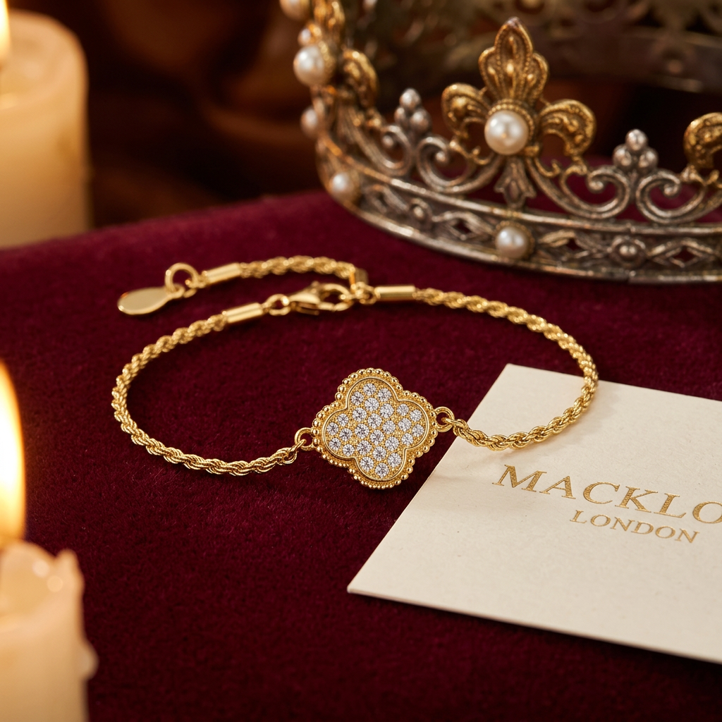 The Lucky Clover Bracelet – Moissanite Pavé, 925 Sterling Silver, 18K Gold Plated | Macklo London