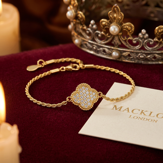 The Lucky Clover Bracelet – Moissanite Pavé, 925 Sterling Silver, 18K Gold Plated | Macklo London