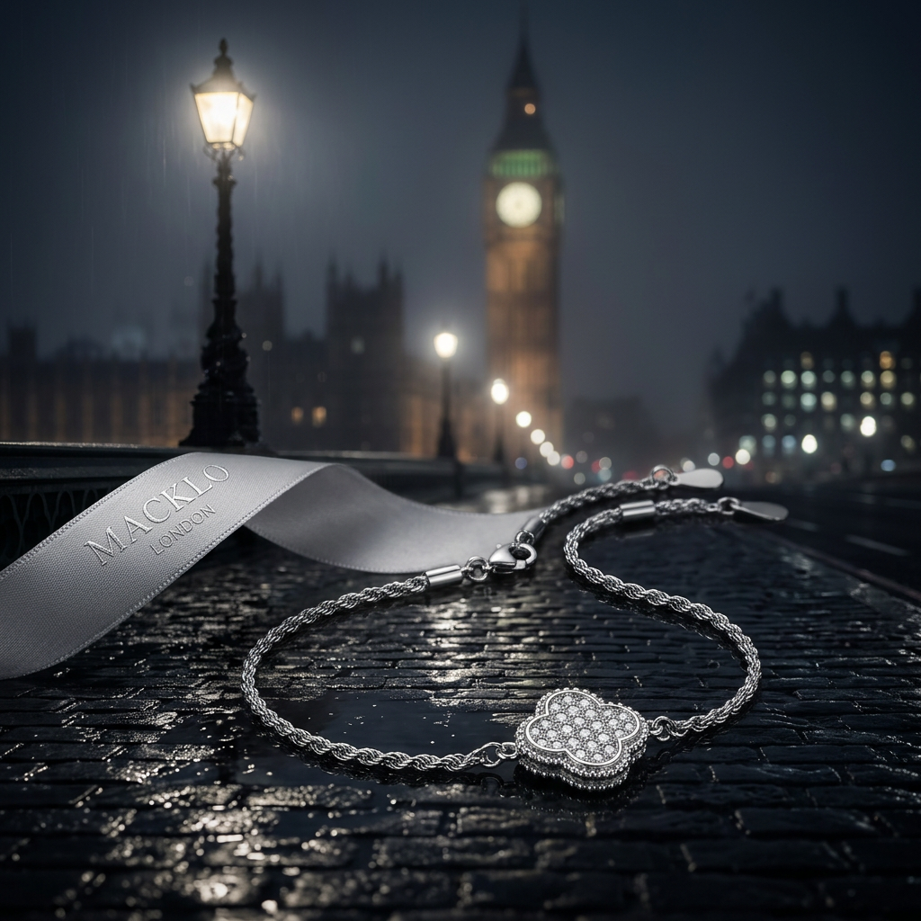The Lucky Clover Bracelet – Moissanite Pavé, 925 Sterling Silver, 18K Gold Plated | Macklo London