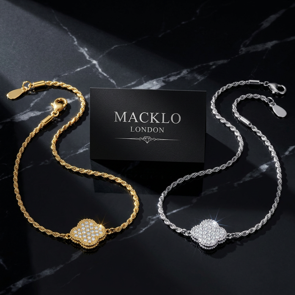 The Lucky Clover Bracelet – Moissanite Pavé, 925 Sterling Silver, 18K Gold Plated | Macklo London