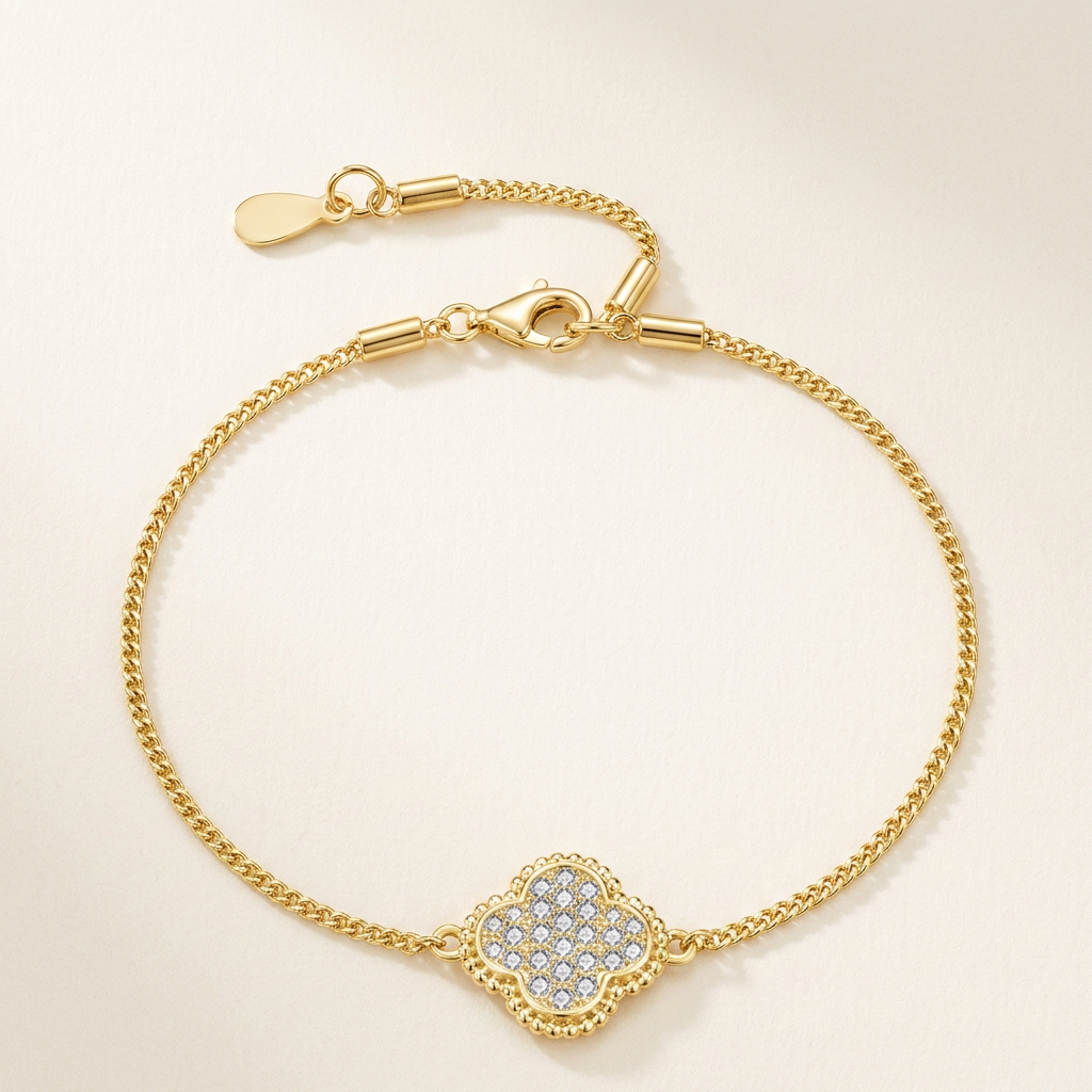 The Lucky Clover Bracelet – Moissanite Pavé, 925 Sterling Silver, 18K Gold Plated | Macklo London