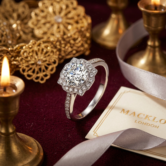 The Crown Halo Ring – 1ct Moissanite, 925 Sterling Silver, 18K White Gold Plated | Macklo London