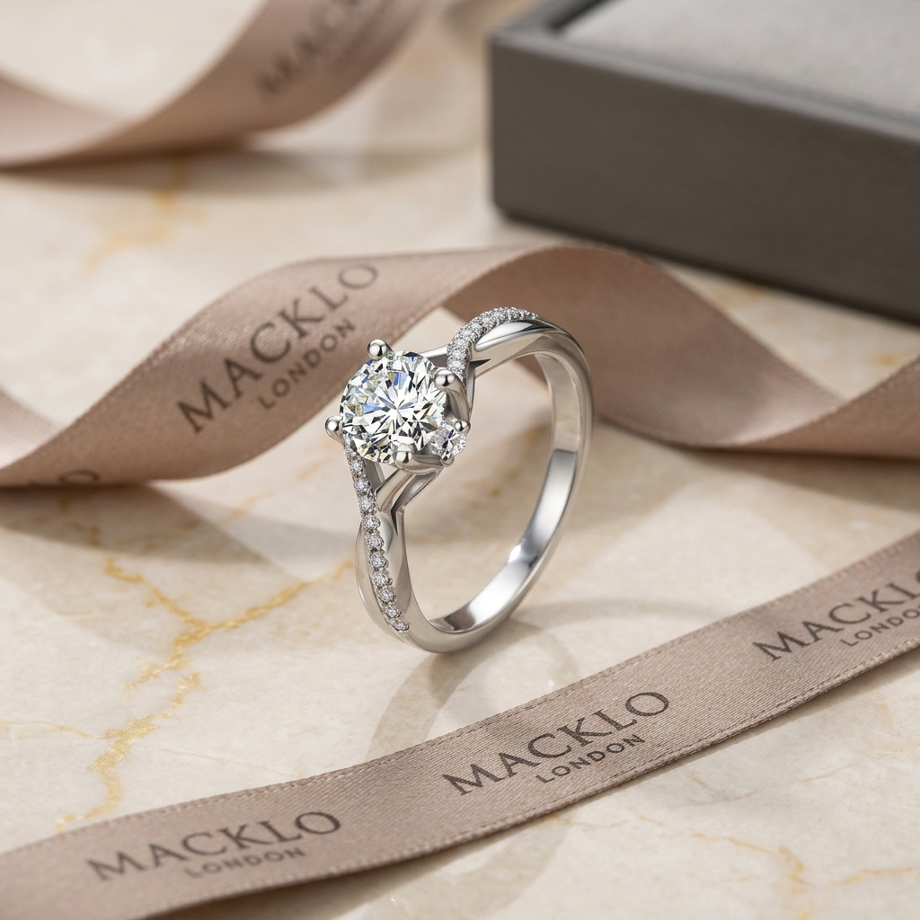 The Mayfair Twist Ring – 1ct Moissanite, 925 Sterling Silver, 18K White Gold Plated | Macklo London