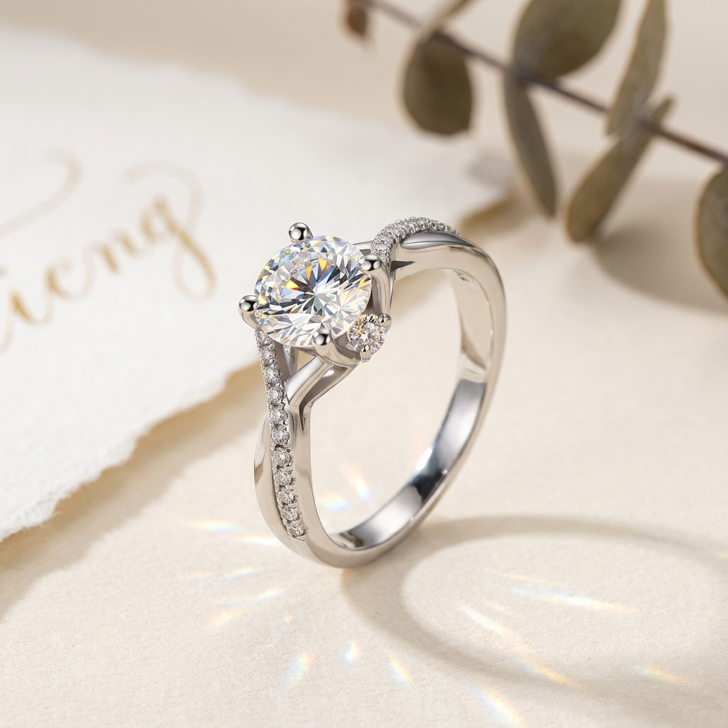 The Mayfair Twist Ring – 1ct Moissanite, 925 Sterling Silver, 18K White Gold Plated | Macklo London
